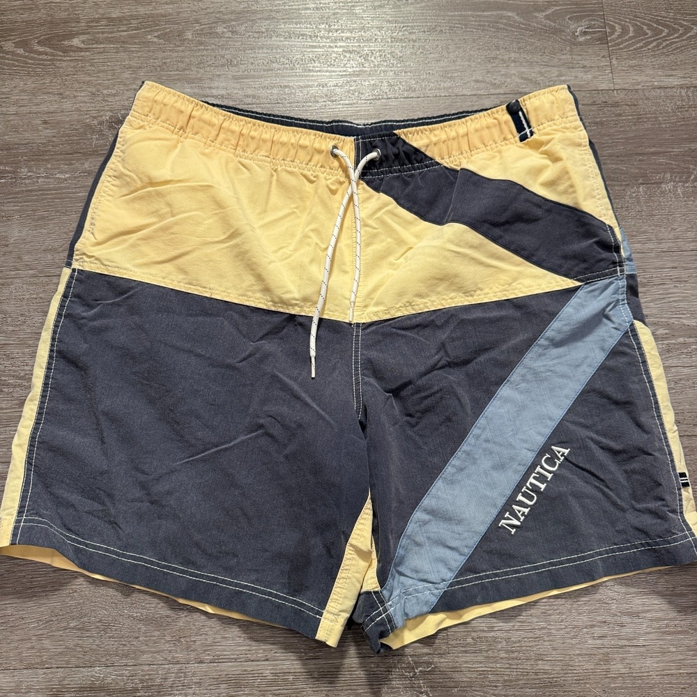 Nautica Swim Trunks Mens Large‎ Blue Yellow Color Block Drawstring Mesh Lined